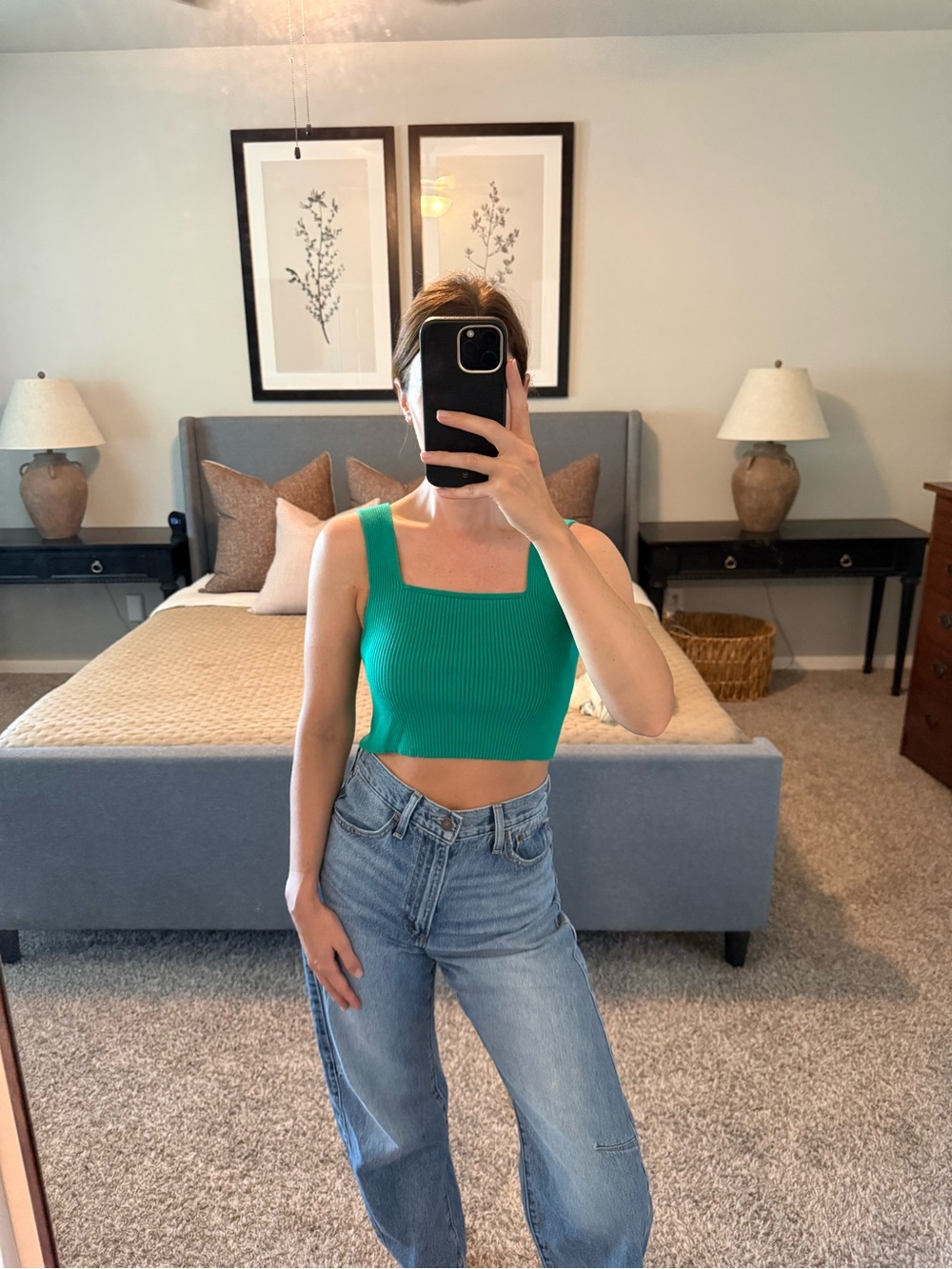 Ribbed Square-Neck Crop Tank Top in Green